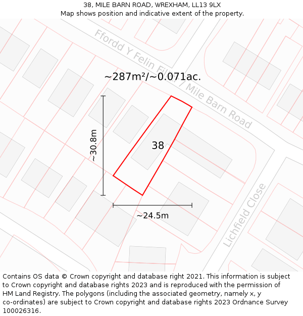 38, MILE BARN ROAD, WREXHAM, LL13 9LX: Plot and title map