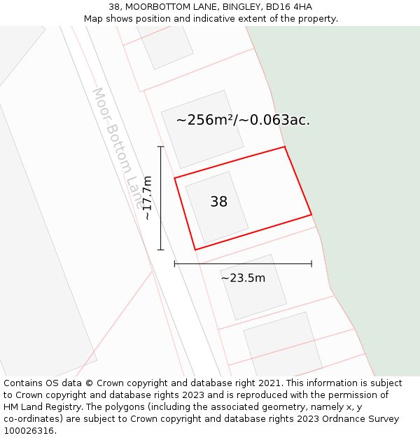 38, MOORBOTTOM LANE, BINGLEY, BD16 4HA: Plot and title map