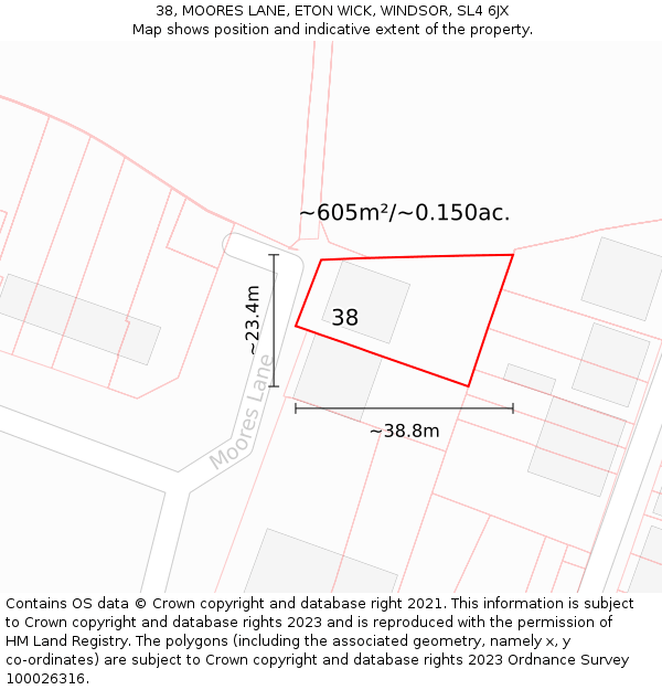 38, MOORES LANE, ETON WICK, WINDSOR, SL4 6JX: Plot and title map