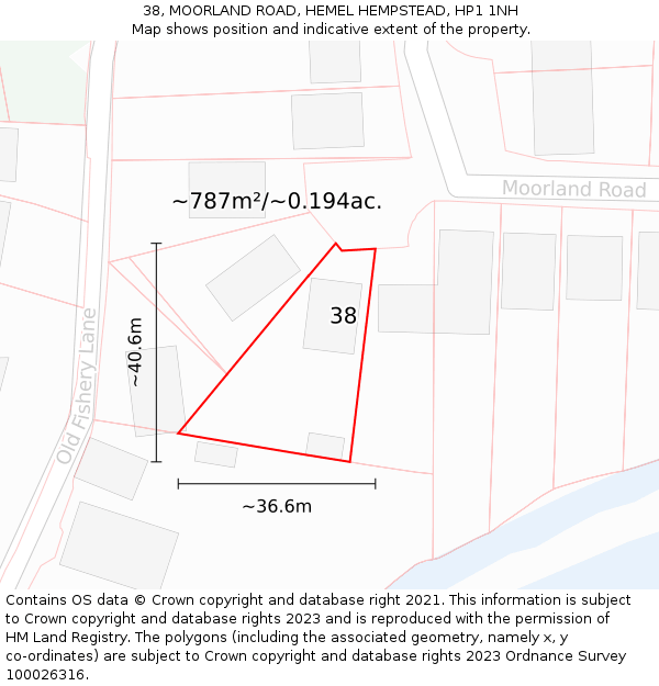 38, MOORLAND ROAD, HEMEL HEMPSTEAD, HP1 1NH: Plot and title map