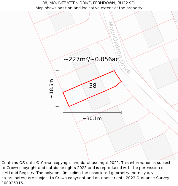 38, MOUNTBATTEN DRIVE, FERNDOWN, BH22 9EL: Plot and title map