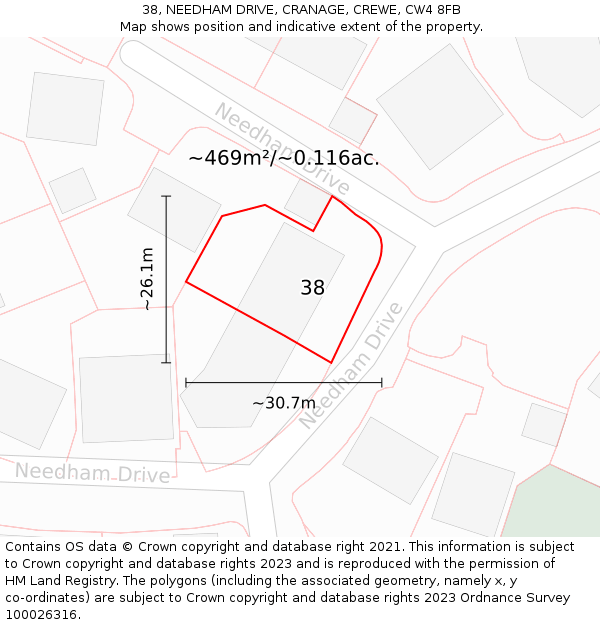 38, NEEDHAM DRIVE, CRANAGE, CREWE, CW4 8FB: Plot and title map