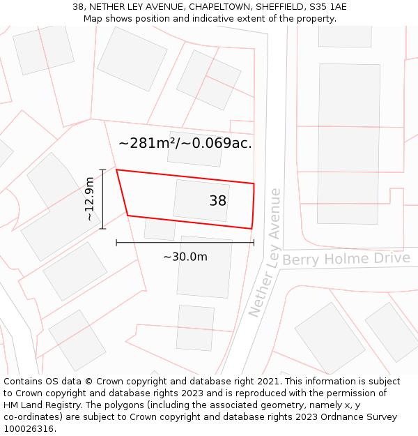 38, NETHER LEY AVENUE, CHAPELTOWN, SHEFFIELD, S35 1AE: Plot and title map