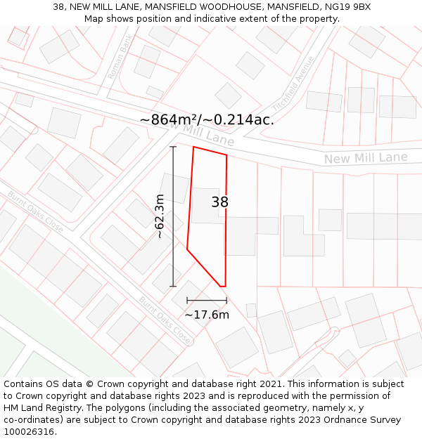 38, NEW MILL LANE, MANSFIELD WOODHOUSE, MANSFIELD, NG19 9BX: Plot and title map