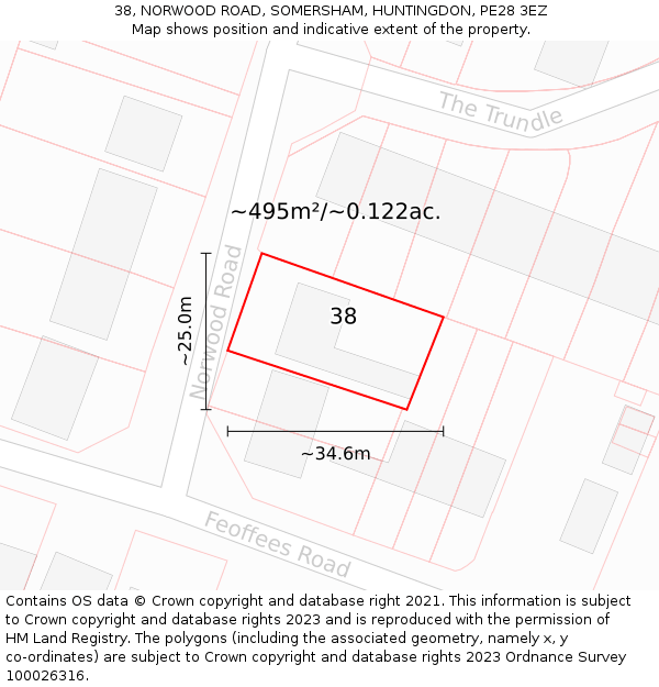 38, NORWOOD ROAD, SOMERSHAM, HUNTINGDON, PE28 3EZ: Plot and title map