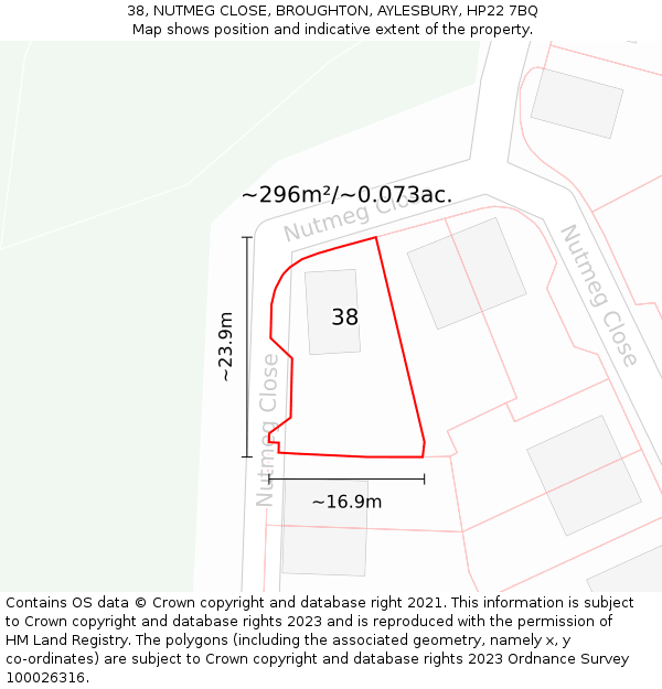 38, NUTMEG CLOSE, BROUGHTON, AYLESBURY, HP22 7BQ: Plot and title map