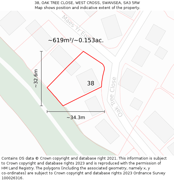 38, OAK TREE CLOSE, WEST CROSS, SWANSEA, SA3 5RW: Plot and title map