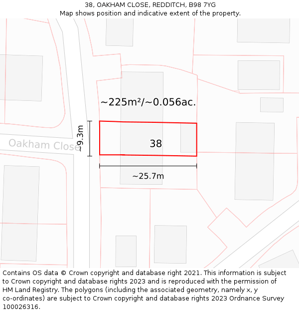 38, OAKHAM CLOSE, REDDITCH, B98 7YG: Plot and title map