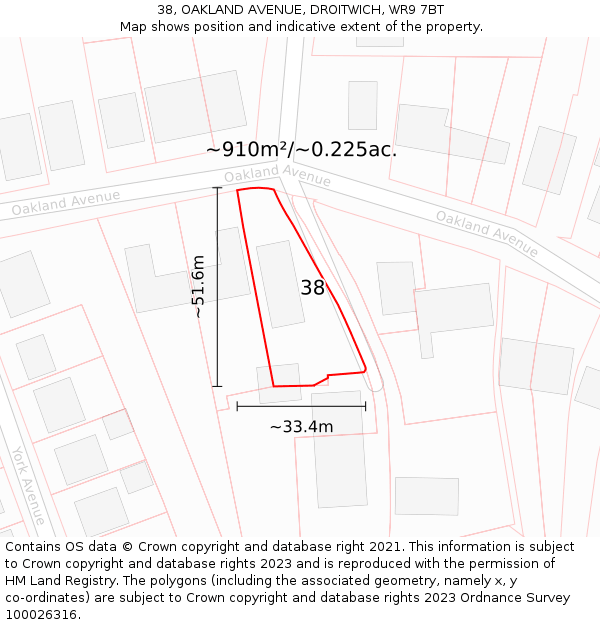 38, OAKLAND AVENUE, DROITWICH, WR9 7BT: Plot and title map
