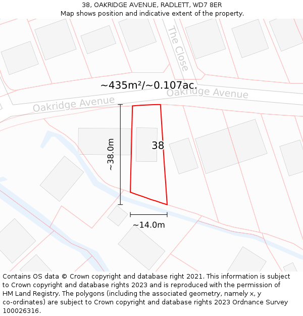 38, OAKRIDGE AVENUE, RADLETT, WD7 8ER: Plot and title map