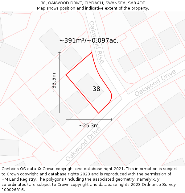 38, OAKWOOD DRIVE, CLYDACH, SWANSEA, SA8 4DF: Plot and title map