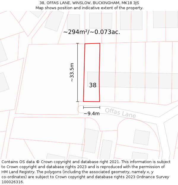 38, OFFAS LANE, WINSLOW, BUCKINGHAM, MK18 3JS: Plot and title map