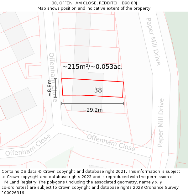 38, OFFENHAM CLOSE, REDDITCH, B98 8RJ: Plot and title map