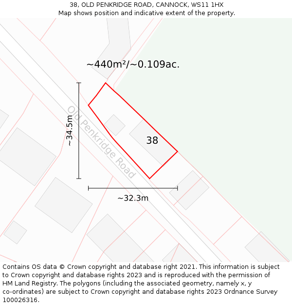 38, OLD PENKRIDGE ROAD, CANNOCK, WS11 1HX: Plot and title map