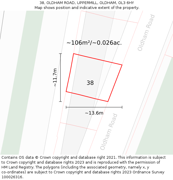 38, OLDHAM ROAD, UPPERMILL, OLDHAM, OL3 6HY: Plot and title map