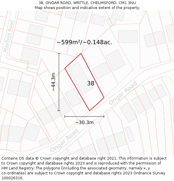 38, ONGAR ROAD, WRITTLE, CHELMSFORD, CM1 3NU: Plot and title map