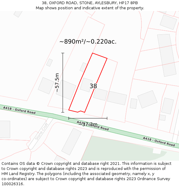 38, OXFORD ROAD, STONE, AYLESBURY, HP17 8PB: Plot and title map