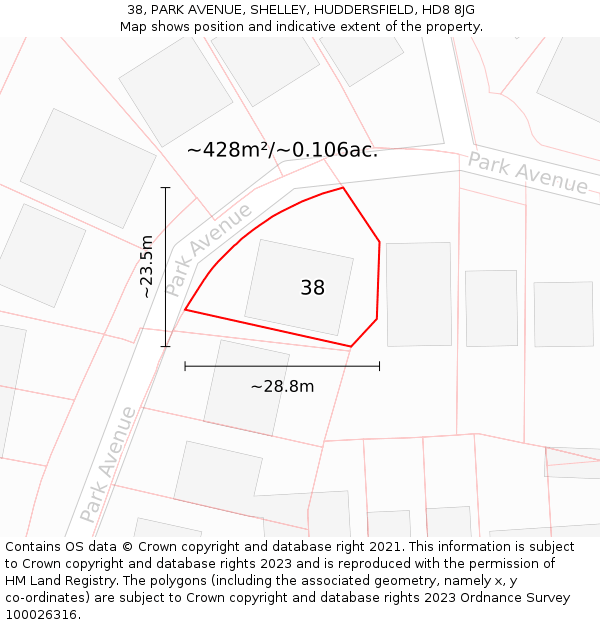 38, PARK AVENUE, SHELLEY, HUDDERSFIELD, HD8 8JG: Plot and title map