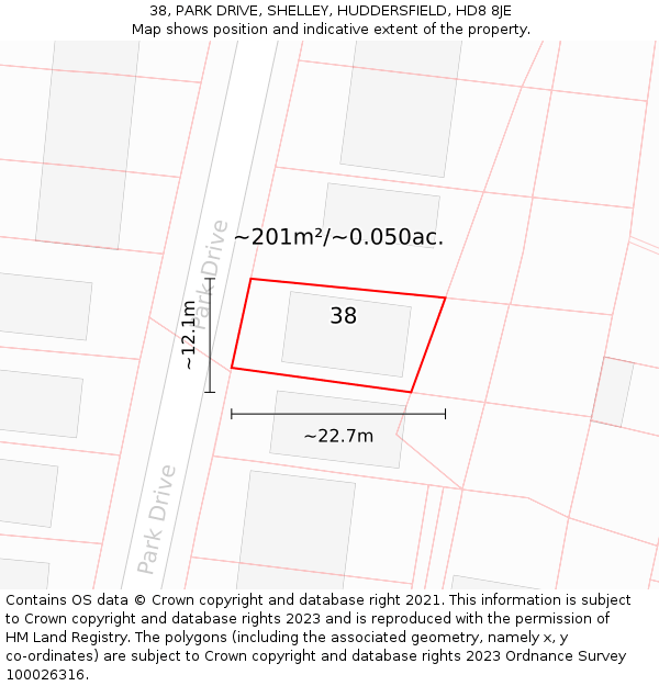 38, PARK DRIVE, SHELLEY, HUDDERSFIELD, HD8 8JE: Plot and title map