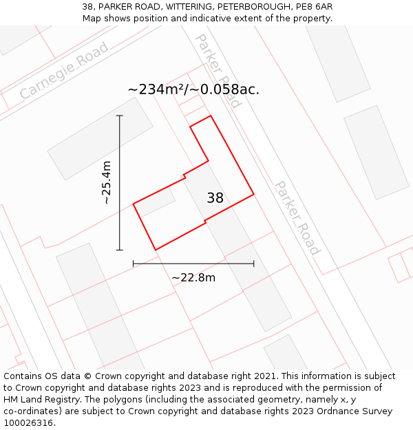 38, PARKER ROAD, WITTERING, PETERBOROUGH, PE8 6AR: Plot and title map