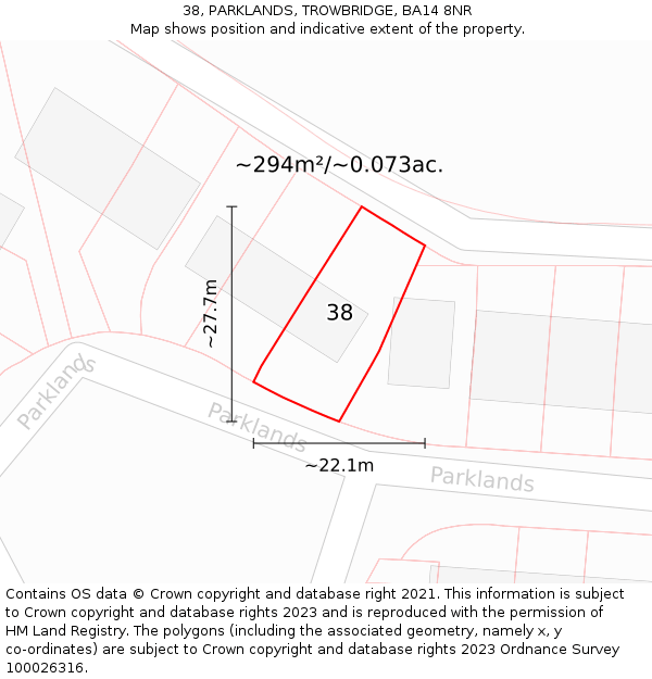 38, PARKLANDS, TROWBRIDGE, BA14 8NR: Plot and title map