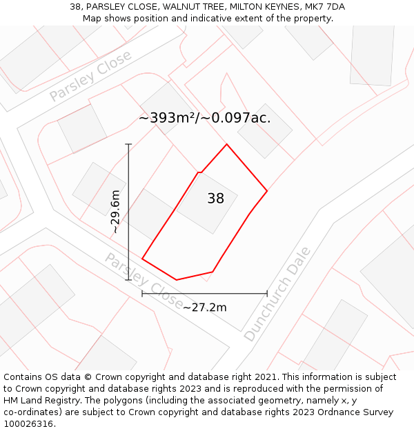 38, PARSLEY CLOSE, WALNUT TREE, MILTON KEYNES, MK7 7DA: Plot and title map