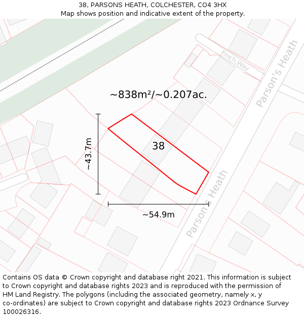 38, PARSONS HEATH, COLCHESTER, CO4 3HX: Plot and title map