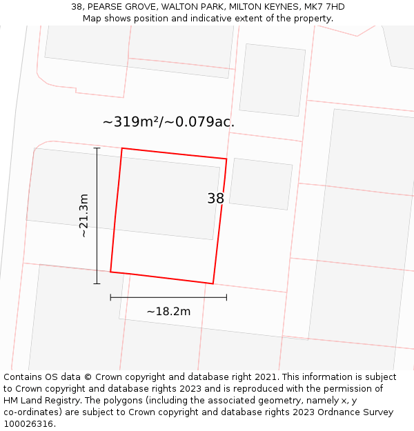 38, PEARSE GROVE, WALTON PARK, MILTON KEYNES, MK7 7HD: Plot and title map