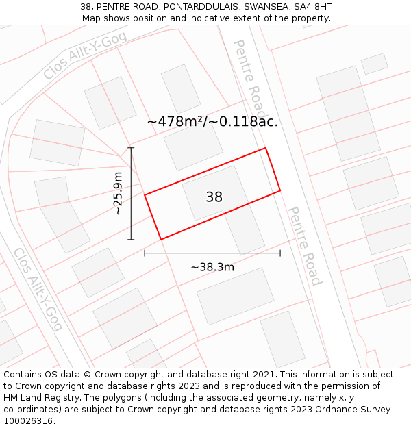 38, PENTRE ROAD, PONTARDDULAIS, SWANSEA, SA4 8HT: Plot and title map