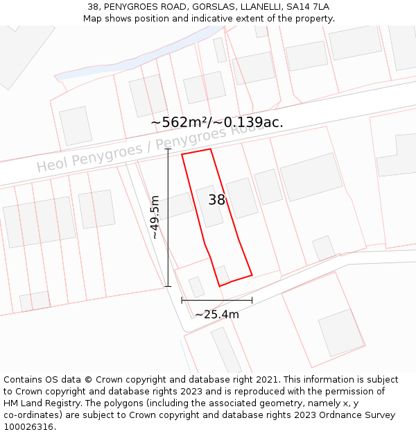 38, PENYGROES ROAD, GORSLAS, LLANELLI, SA14 7LA: Plot and title map