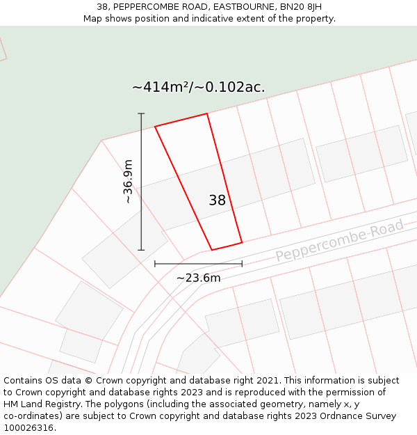 38, PEPPERCOMBE ROAD, EASTBOURNE, BN20 8JH: Plot and title map