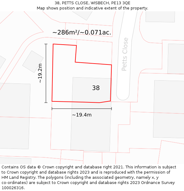 38, PETTS CLOSE, WISBECH, PE13 3QE: Plot and title map