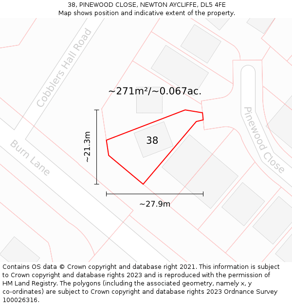 38, PINEWOOD CLOSE, NEWTON AYCLIFFE, DL5 4FE: Plot and title map