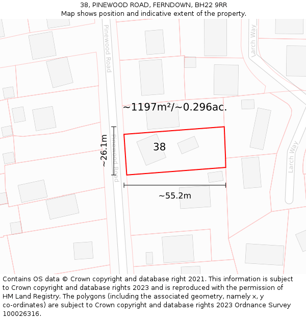 38, PINEWOOD ROAD, FERNDOWN, BH22 9RR: Plot and title map