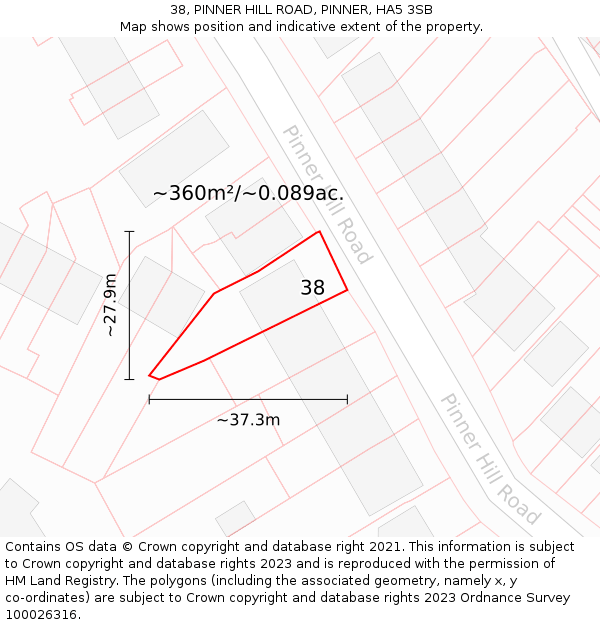 38, PINNER HILL ROAD, PINNER, HA5 3SB: Plot and title map