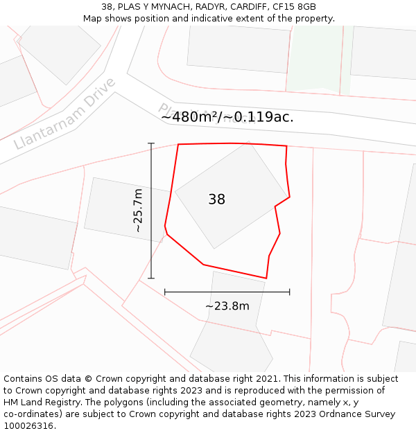 38, PLAS Y MYNACH, RADYR, CARDIFF, CF15 8GB: Plot and title map