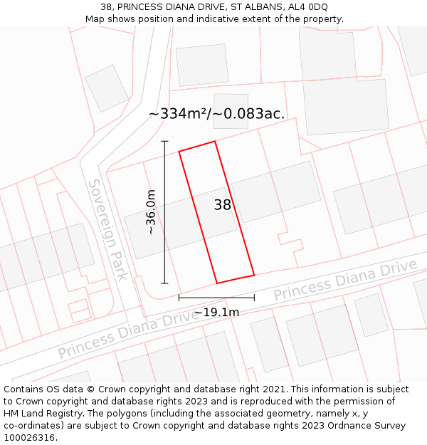38, PRINCESS DIANA DRIVE, ST ALBANS, AL4 0DQ: Plot and title map