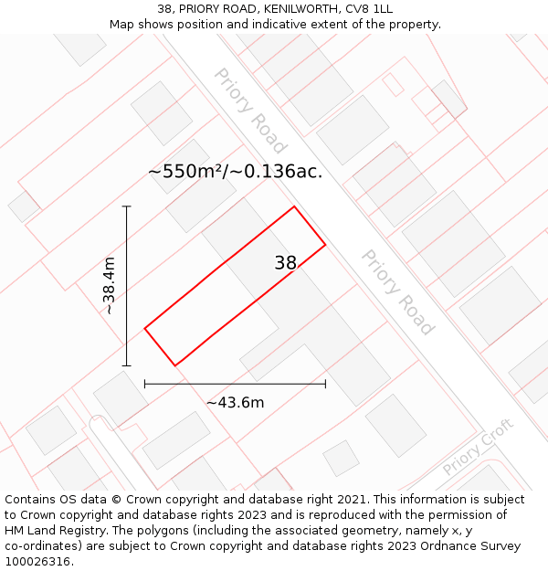 38, PRIORY ROAD, KENILWORTH, CV8 1LL: Plot and title map