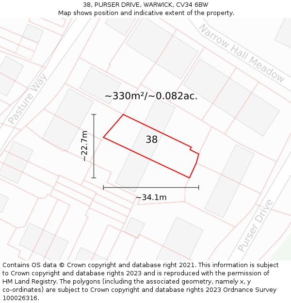 38, PURSER DRIVE, WARWICK, CV34 6BW: Plot and title map