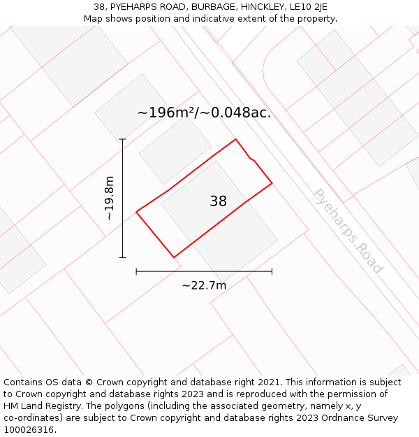 38, PYEHARPS ROAD, BURBAGE, HINCKLEY, LE10 2JE: Plot and title map