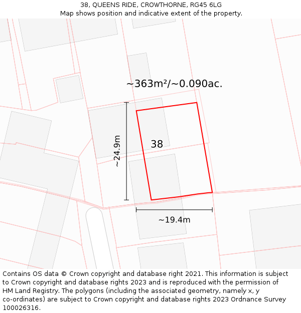 38, QUEENS RIDE, CROWTHORNE, RG45 6LG: Plot and title map