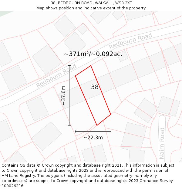 38, REDBOURN ROAD, WALSALL, WS3 3XT: Plot and title map