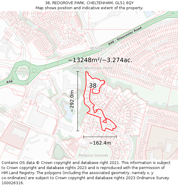 38, REDGROVE PARK, CHELTENHAM, GL51 6QY: Plot and title map