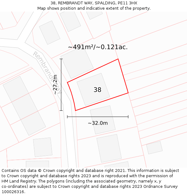 38, REMBRANDT WAY, SPALDING, PE11 3HX: Plot and title map