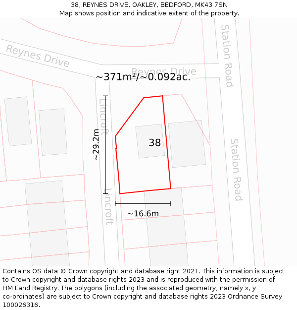 38, REYNES DRIVE, OAKLEY, BEDFORD, MK43 7SN: Plot and title map