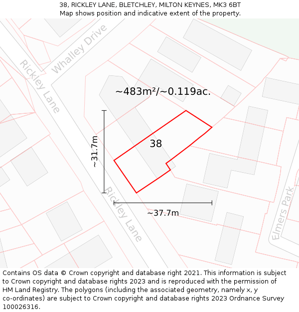 38, RICKLEY LANE, BLETCHLEY, MILTON KEYNES, MK3 6BT: Plot and title map