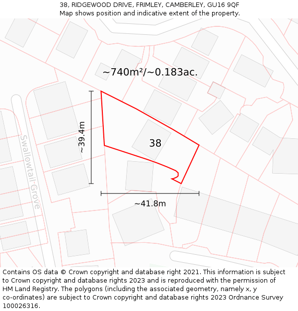 38, RIDGEWOOD DRIVE, FRIMLEY, CAMBERLEY, GU16 9QF: Plot and title map