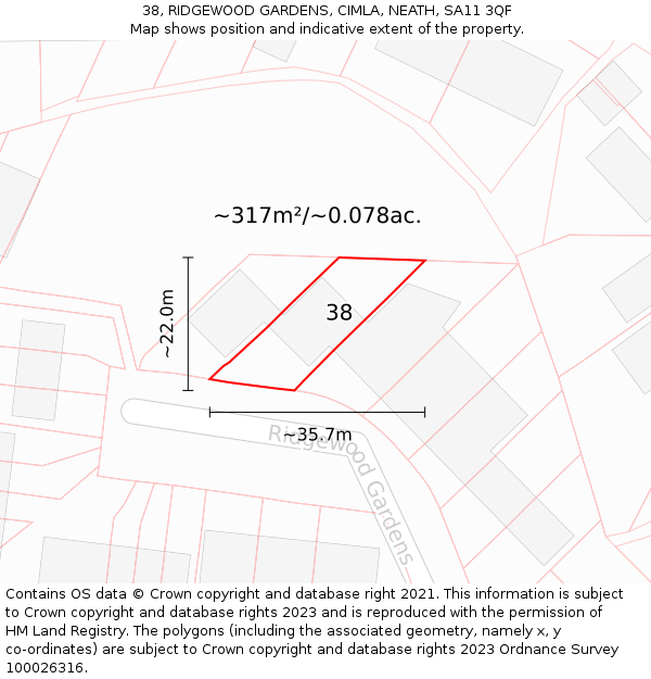 38, RIDGEWOOD GARDENS, CIMLA, NEATH, SA11 3QF: Plot and title map