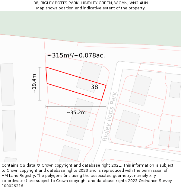 38, RIGLEY POTTS PARK, HINDLEY GREEN, WIGAN, WN2 4UN: Plot and title map