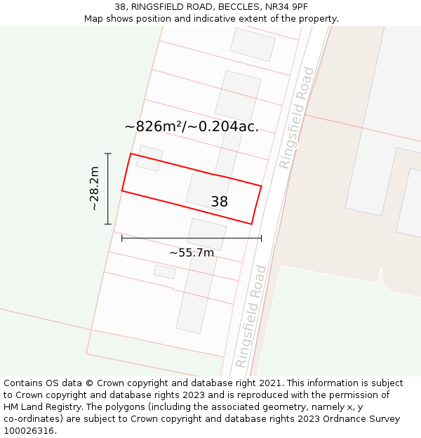 38, RINGSFIELD ROAD, BECCLES, NR34 9PF: Plot and title map